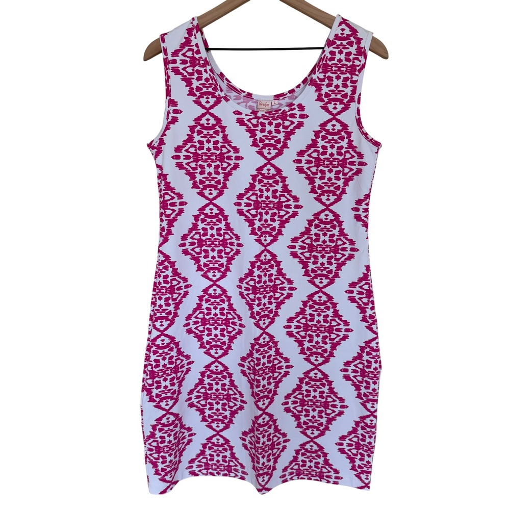 Persifor Printed Stretch Sleeveless Dress L White/Magenta Wrinkle Resistant